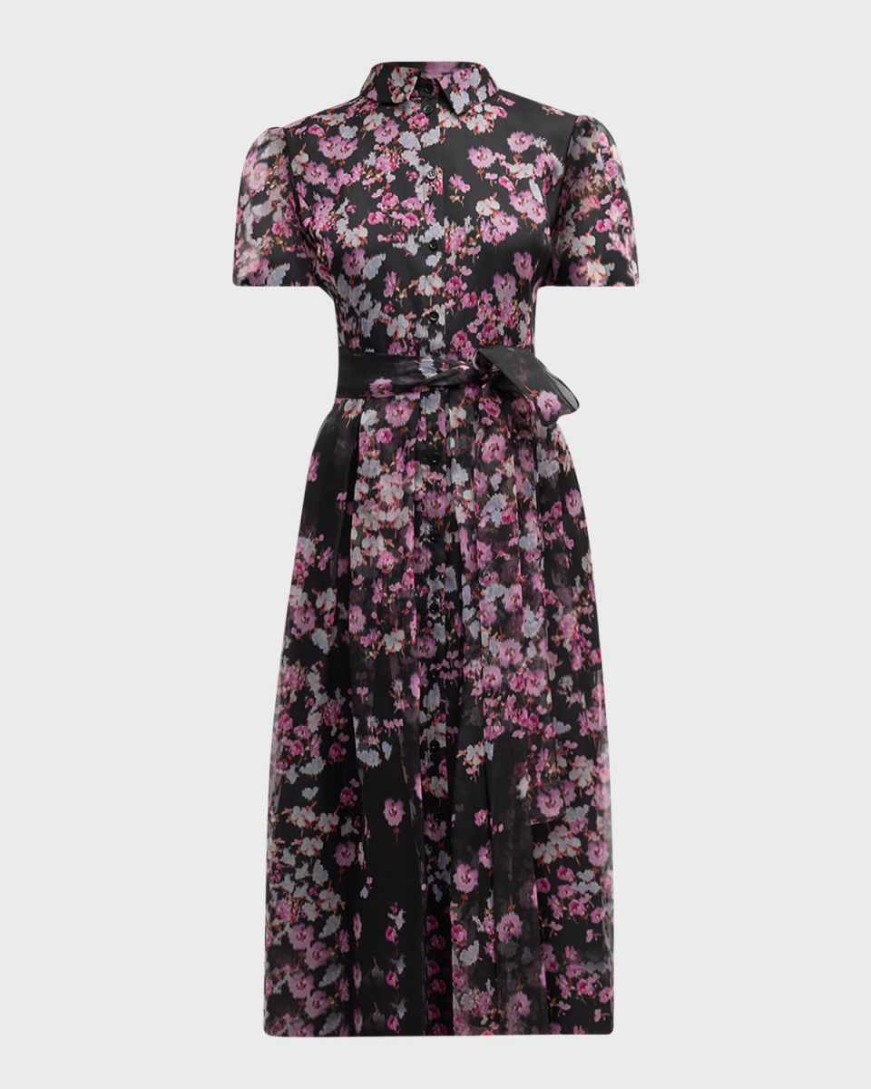 Floral-Print Short-Sleeve Belted Organza Midi Shirtdress